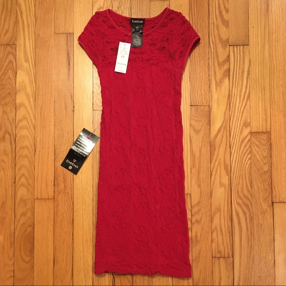 NWT Bebe Red Lace Dress Cap Sleeve Size P/S